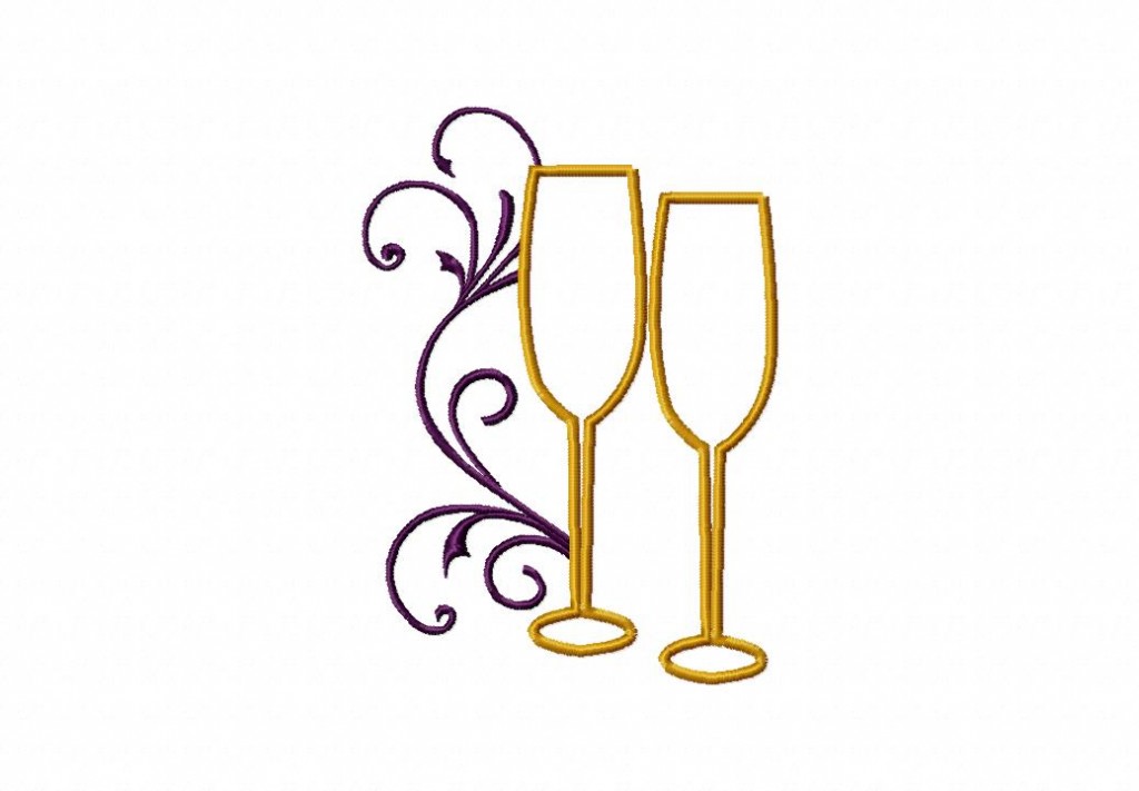 Champagne glasses machine embroidery satin stitch design for gold