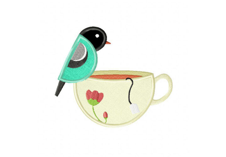 Teacup and Bird Includes Both Applique and Stitched Daily Embroidery