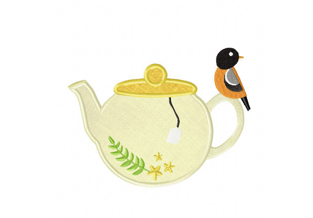 Teapot and Bird Includes Both Applique and Stitched