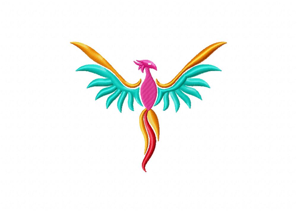 Phoenix with Teal and Orange Wings Machine Embroidery Design