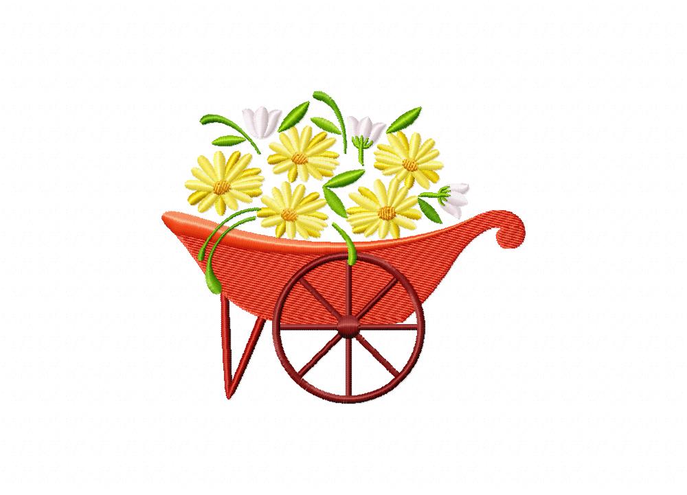 Yellow Flowers in Flower Cart Machine Embroidery Design