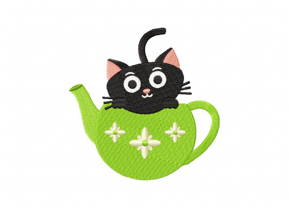 Green Tea Time Kitty Machine Embroidery Design