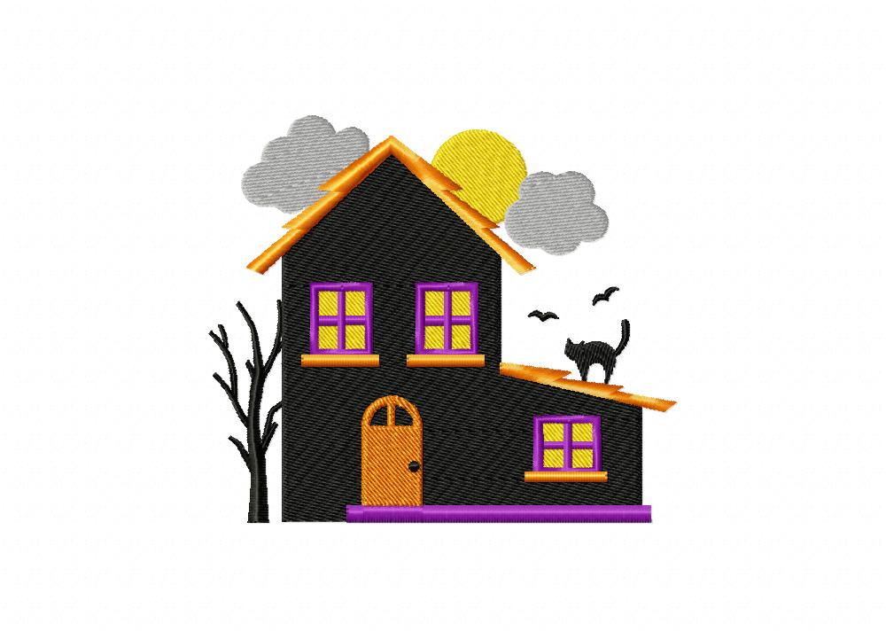 Haunted House with Black Cat Machine Embroidery Design