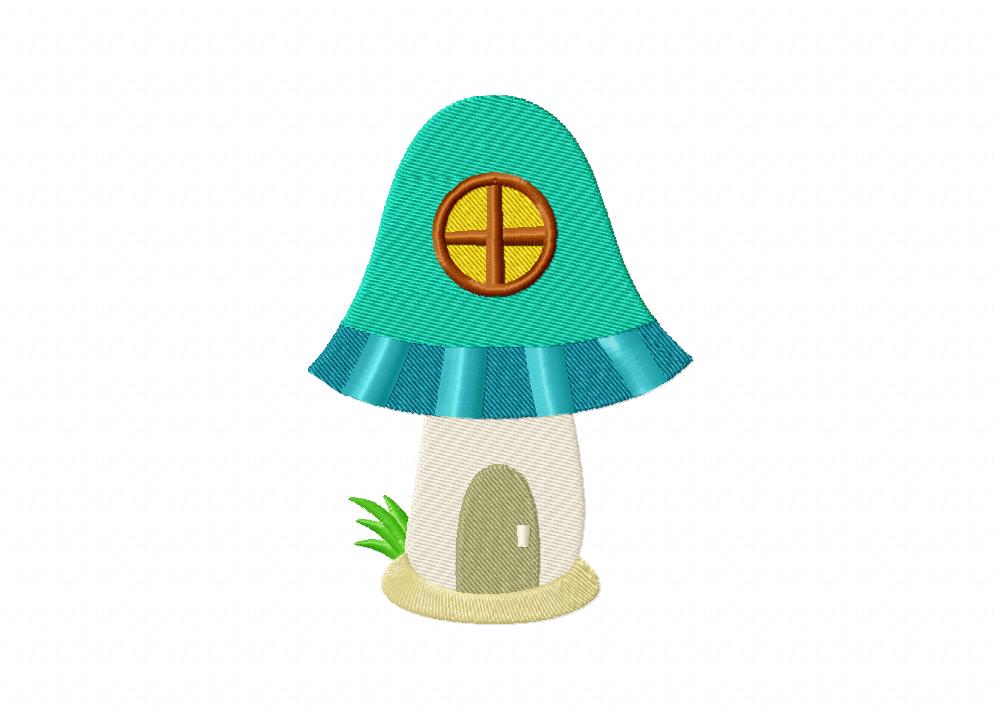 Teal Mushroom House with Window Machine Embroidery Design