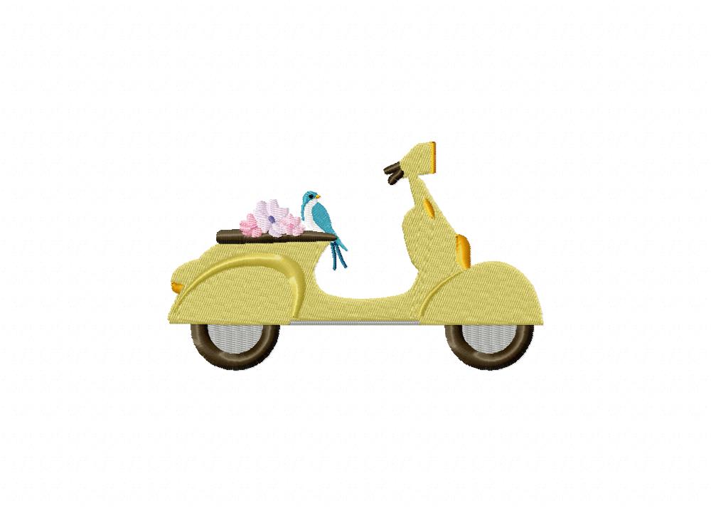 Yellow Scooter with Flower and Bird Machine Embroidery Design