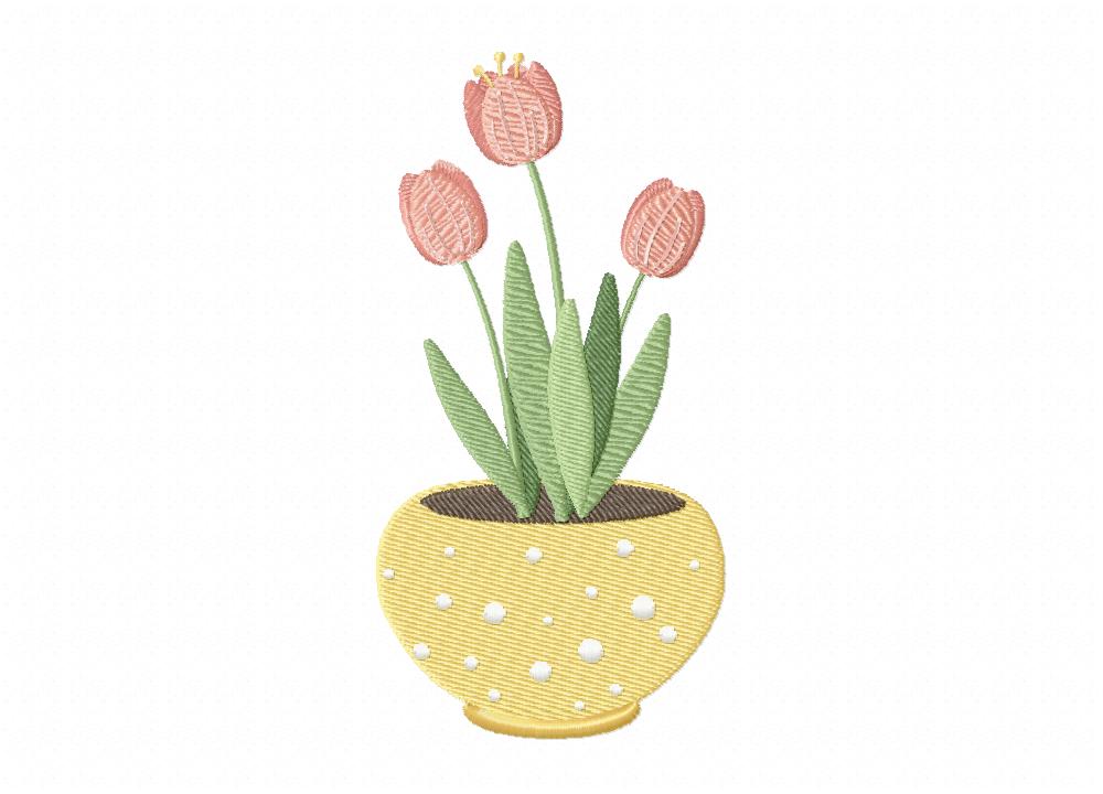 Pink Flowers In Pot Embroidery Design