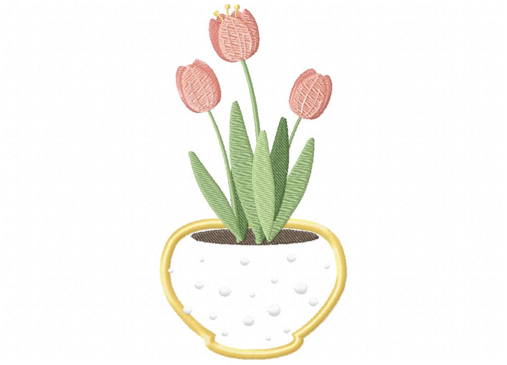 Pink Flowers In Pot Embroidery Design - Image 2