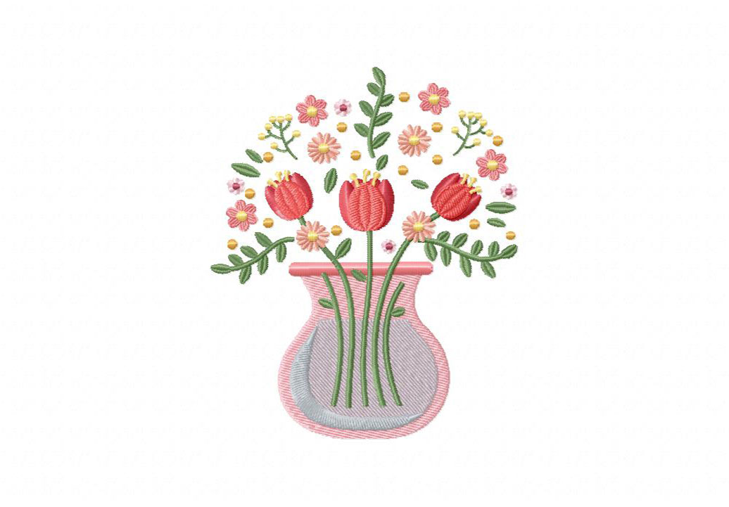 Red Bouquet Pot Embroidery Design