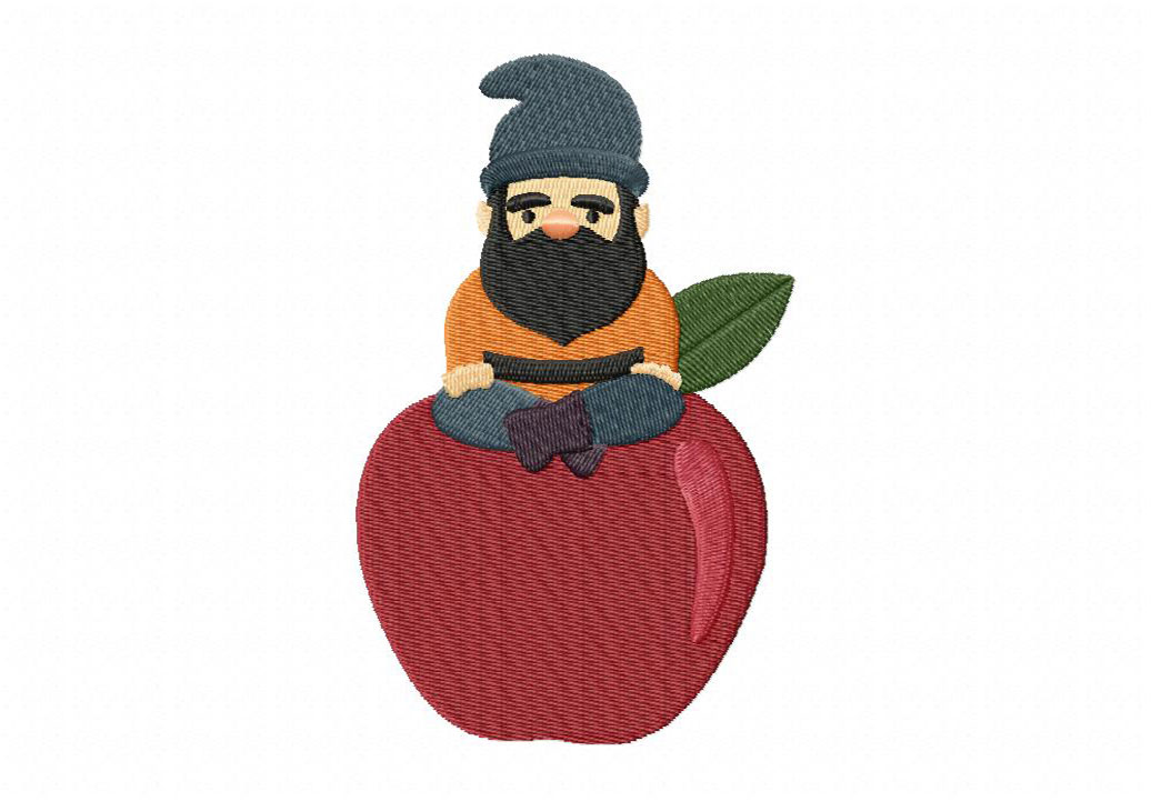 Gnome on Apple Embroidery Design