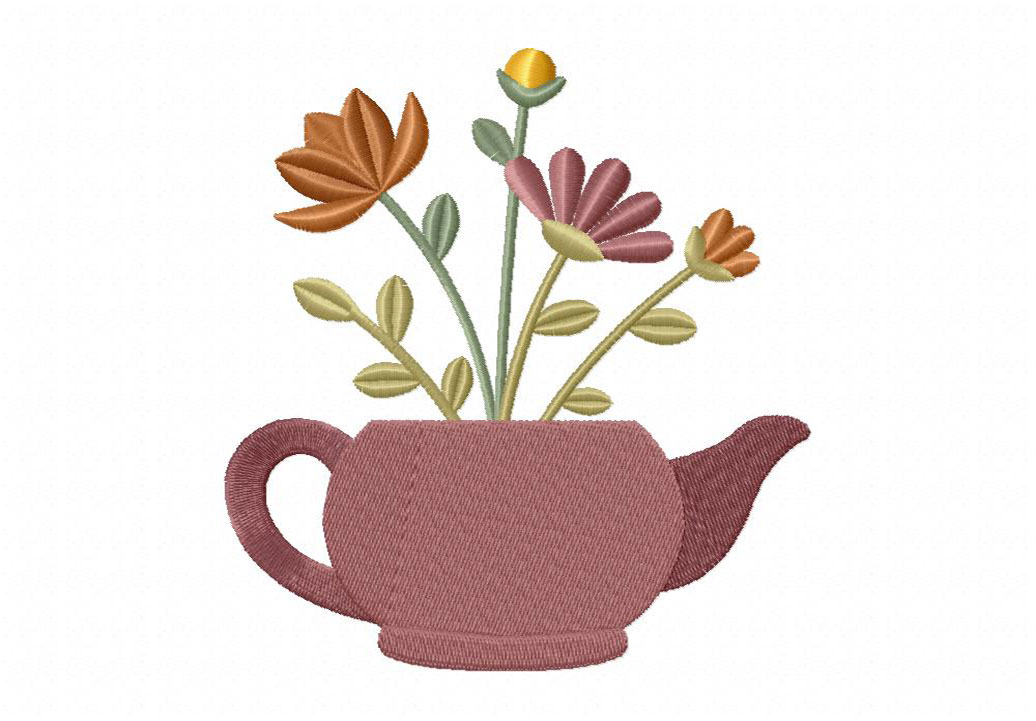 Teapot Autumn Flowers Embroidery Design