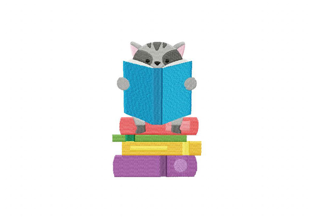 Reading Raccoon Embroidery Design