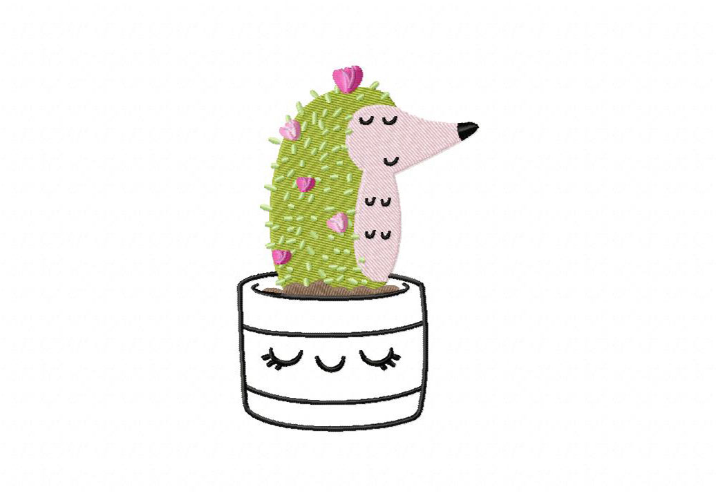 Cute Hedgehog Cactus Embroidery Design