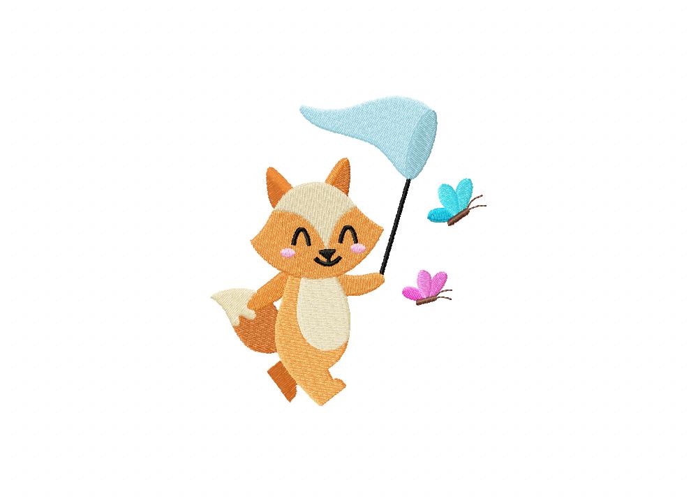 Fox Catching Butterfly Embroidery Design