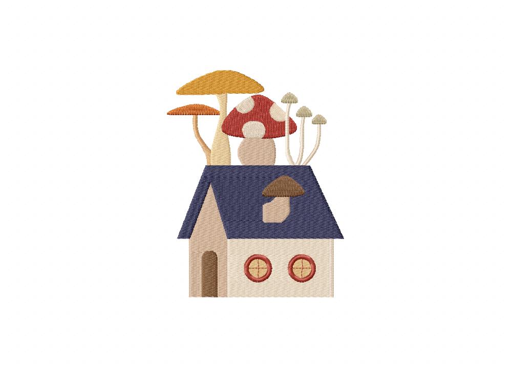Mushrooms on House Embroidery Design