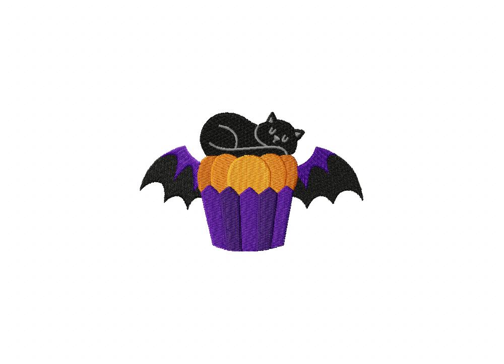 Cat Bat Cupcake Embroidery Design