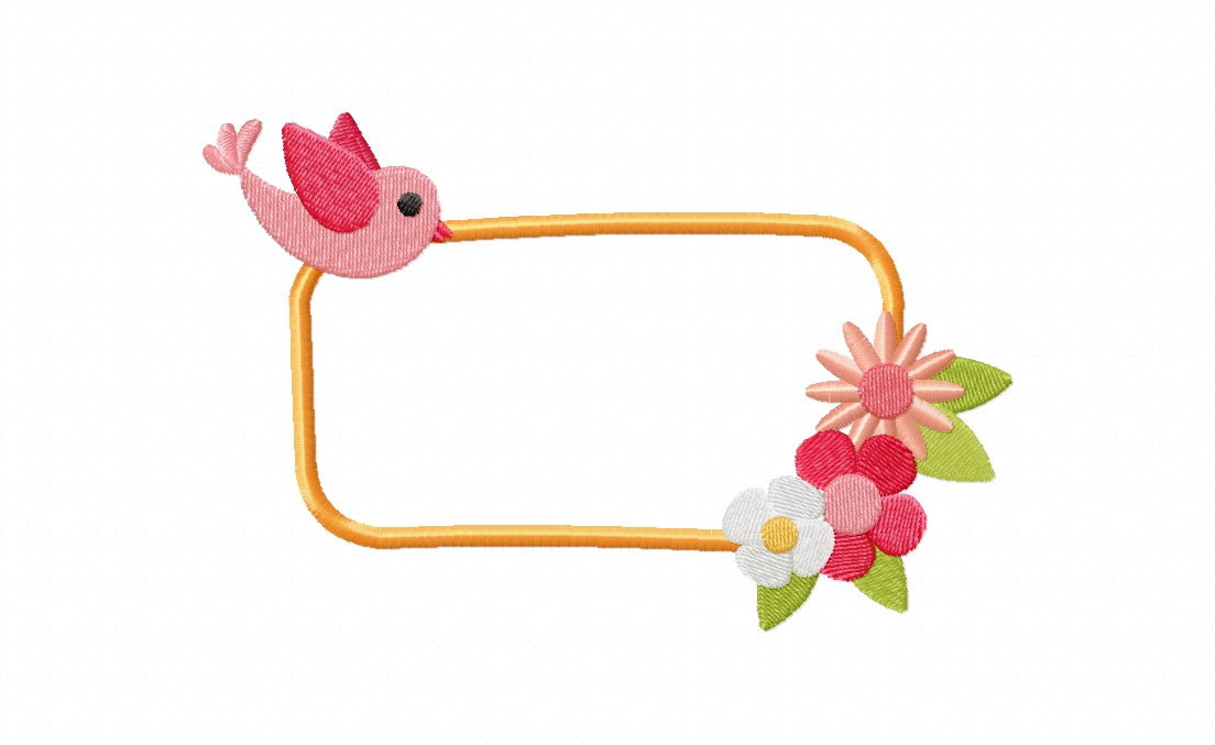 Pink Bird and Flower Frame Stitched Embroidery Design