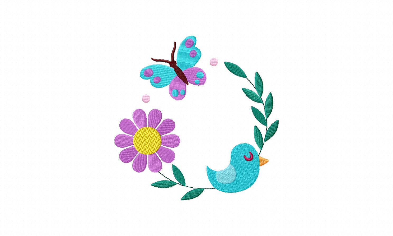 Butterfly and Bird Wreath Stitched Embroidery Design