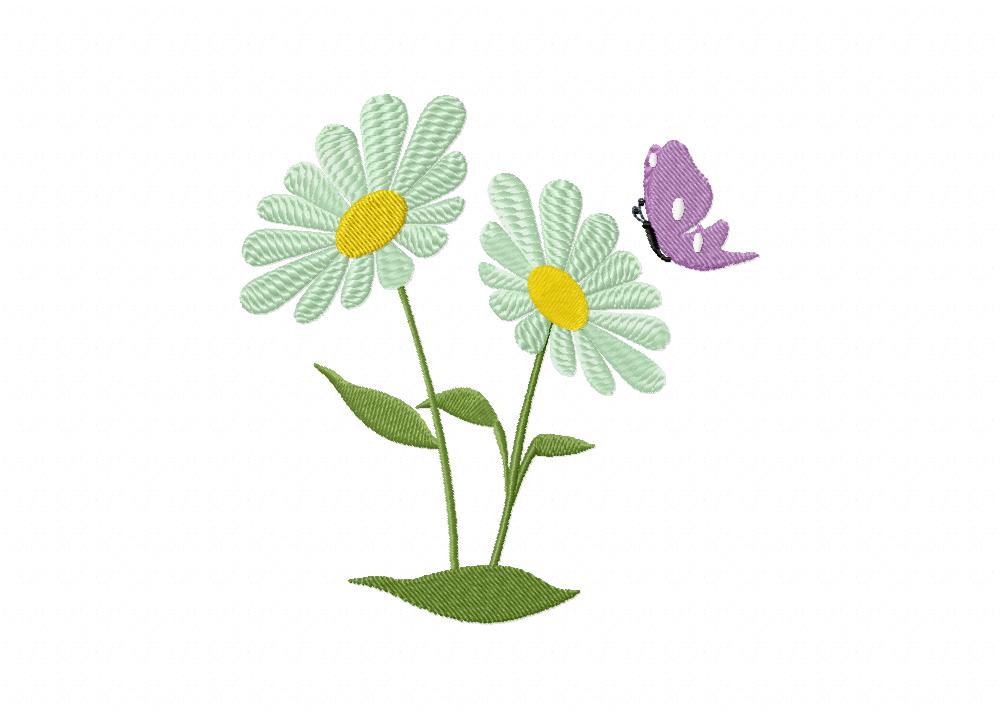 Daisy Flower with Violet Butterfly Stitched Embroidery Design