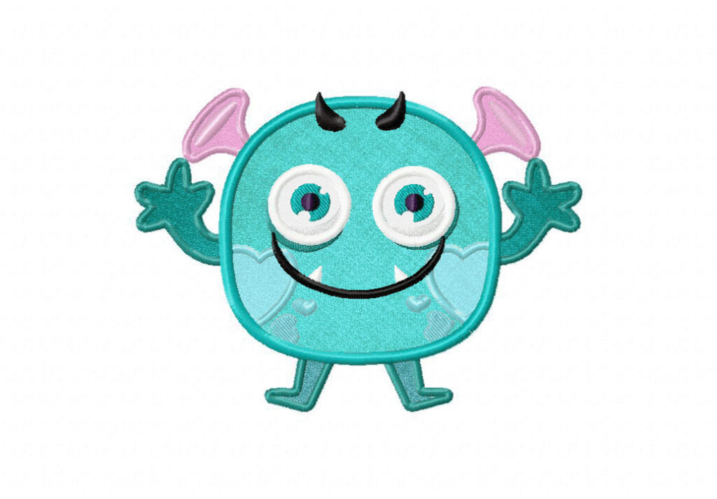 FREE Blue Round Monster Stitched and Appliqué Embroidery Design Daily