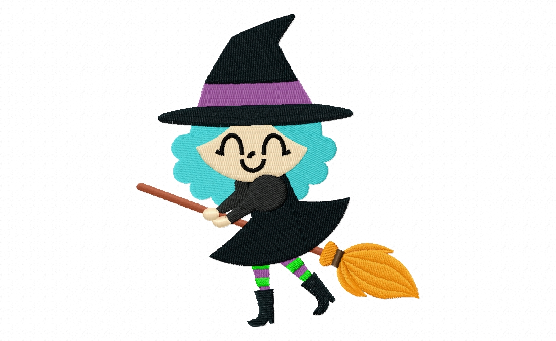 Cute Witch On Broom Stitched Embroidery Design