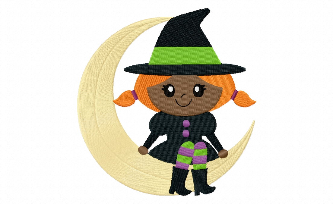 Cute Witch On Moon Stitched Embroidery Design