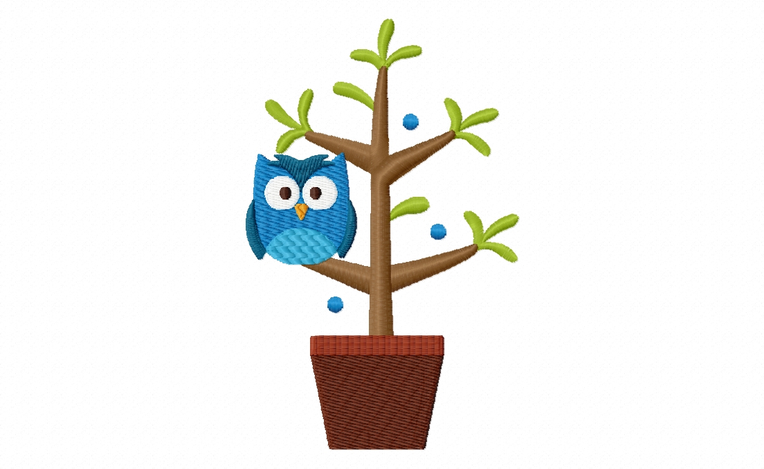 Dark Blue Owl in Tiny Tree Stitched Embroidery Design