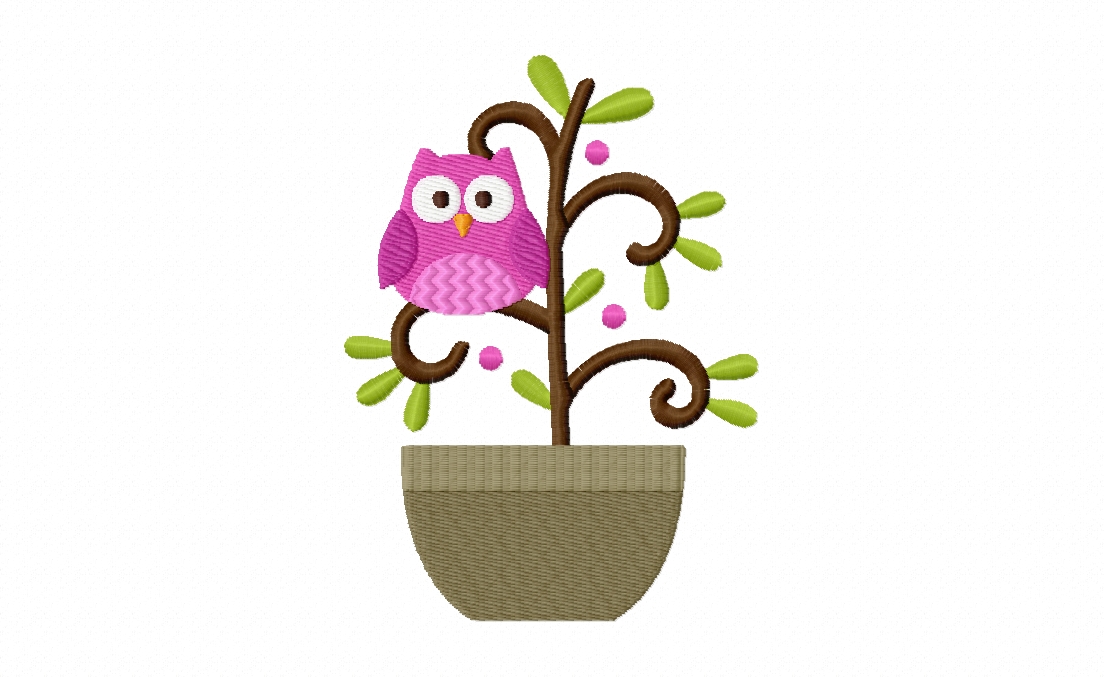 Pink Owl in Tiny Tree Stitched Embroidery Design